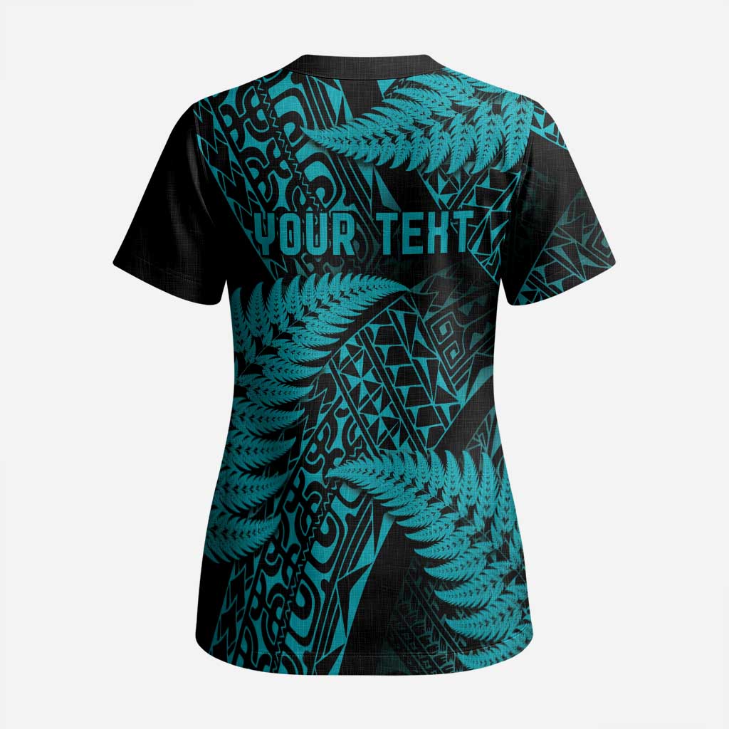 New Zealand Rugby Pacific Personalised Scrub Top All Turquoise Maori Pasifika Fern Pattern - Aussie Hoodie