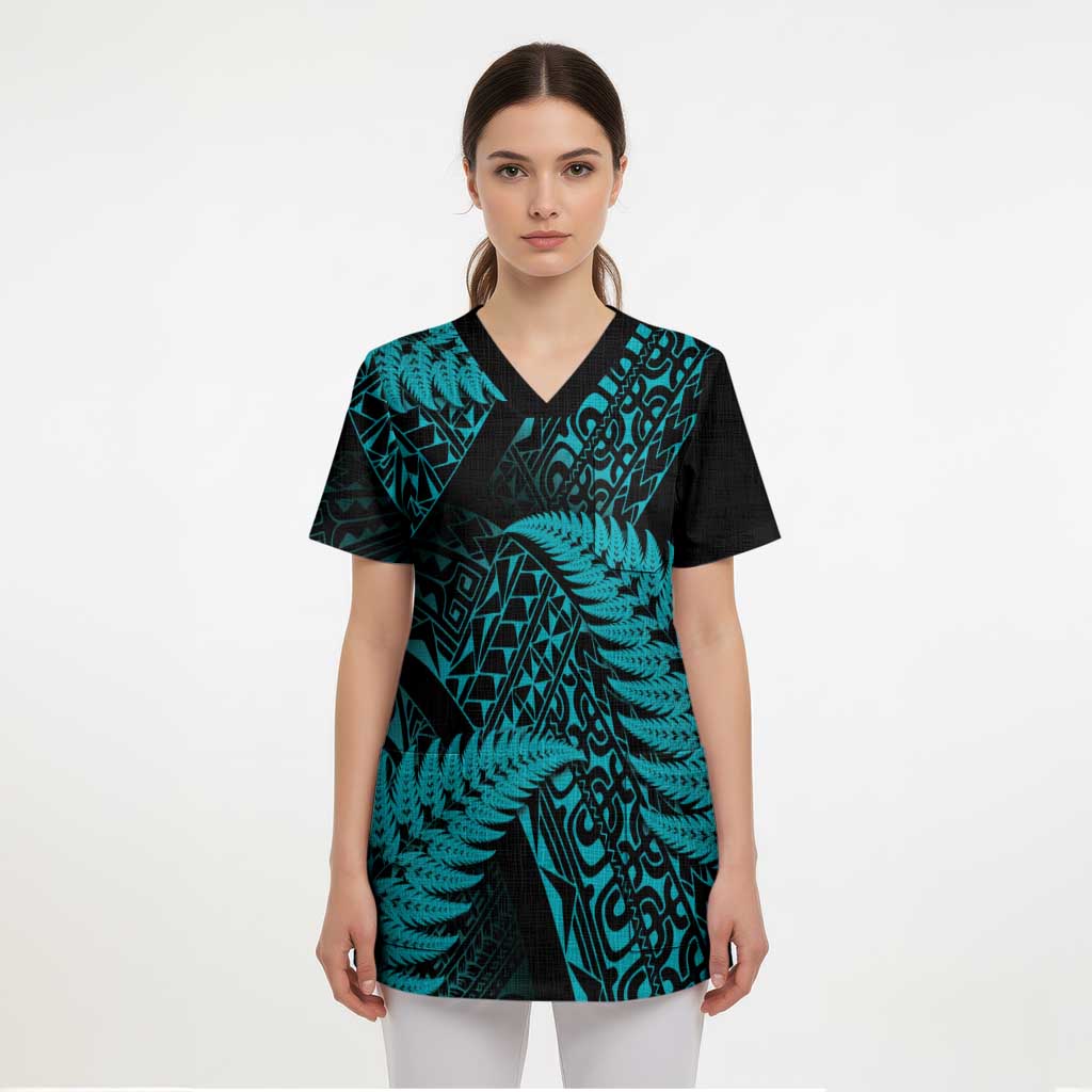 New Zealand Rugby Pacific Personalised Scrub Top All Turquoise Maori Pasifika Fern Pattern - Aussie Hoodie