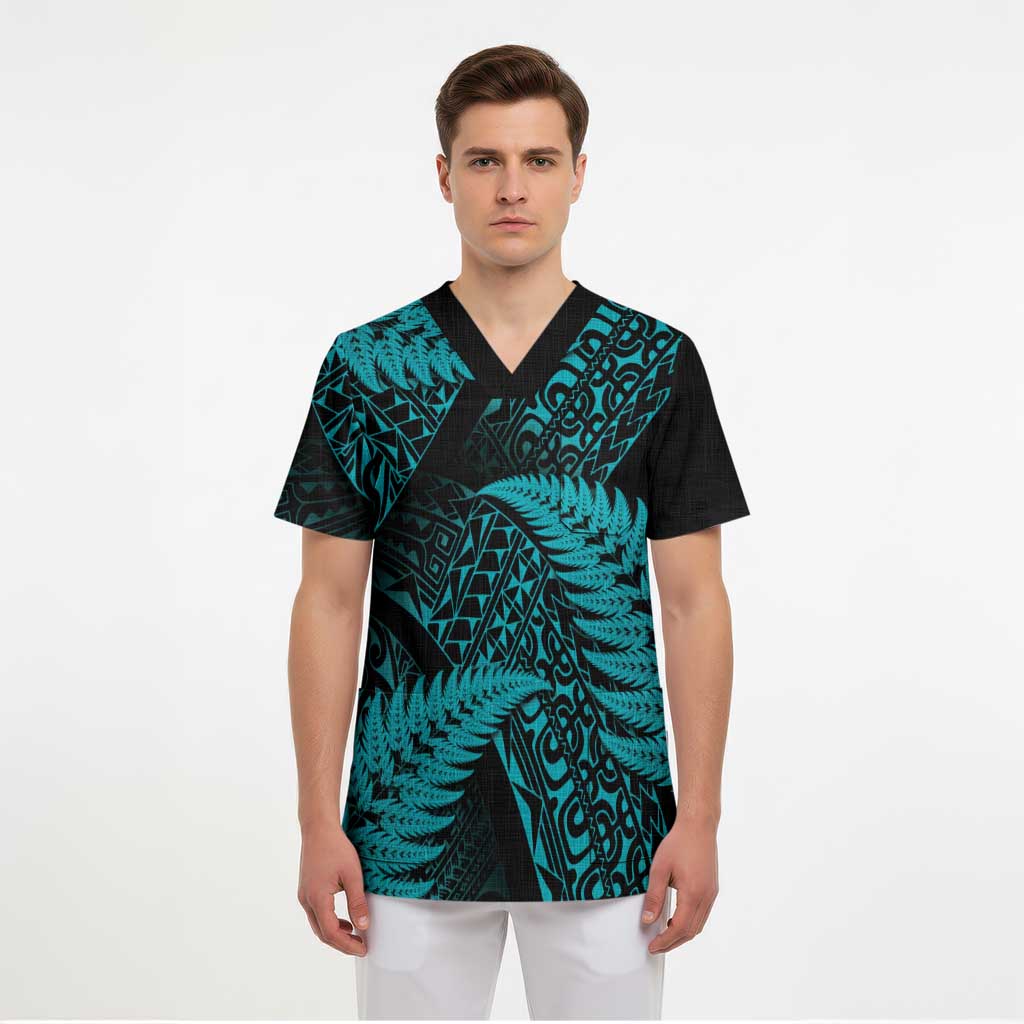 New Zealand Rugby Pacific Personalised Scrub Top All Turquoise Maori Pasifika Fern Pattern - Aussie Hoodie