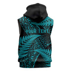 New Zealand Rugby Pacific Personalised Sleeveless Hoodie All Turquoise Maori Pasifika Fern Pattern - Aussie Hoodie