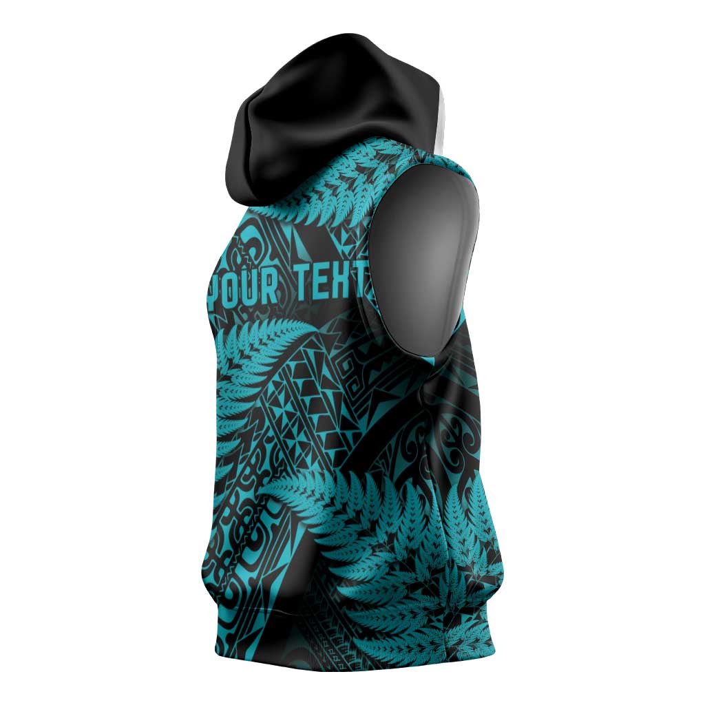 New Zealand Rugby Pacific Personalised Sleeveless Hoodie All Turquoise Maori Pasifika Fern Pattern - Aussie Hoodie