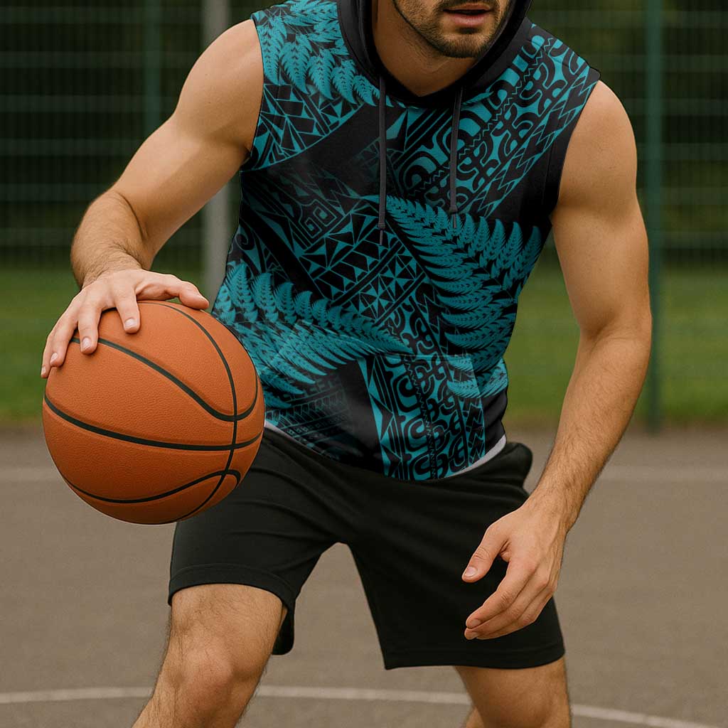 New Zealand Rugby Pacific Personalised Sleeveless Hoodie All Turquoise Maori Pasifika Fern Pattern - Aussie Hoodie