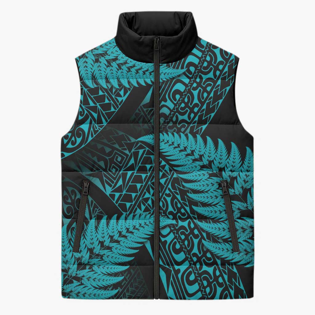 New Zealand Rugby Pacific Personalised Sleeveless Puffer Jacket All Turquoise Maori Pasifika Fern Pattern - Aussie Hoodie