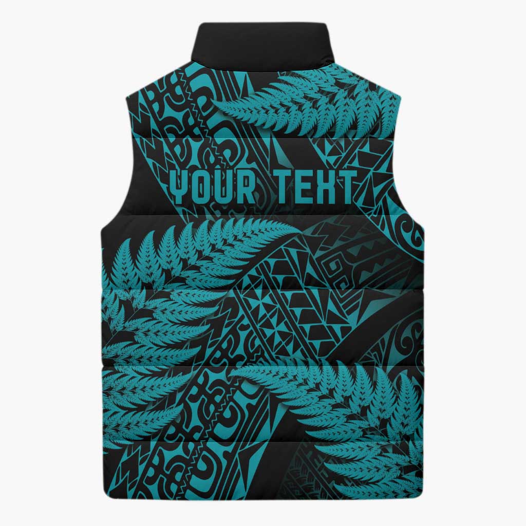 New Zealand Rugby Pacific Personalised Sleeveless Puffer Jacket All Turquoise Maori Pasifika Fern Pattern - Aussie Hoodie