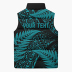 New Zealand Rugby Pacific Personalised Sleeveless Puffer Jacket All Turquoise Maori Pasifika Fern Pattern - Aussie Hoodie