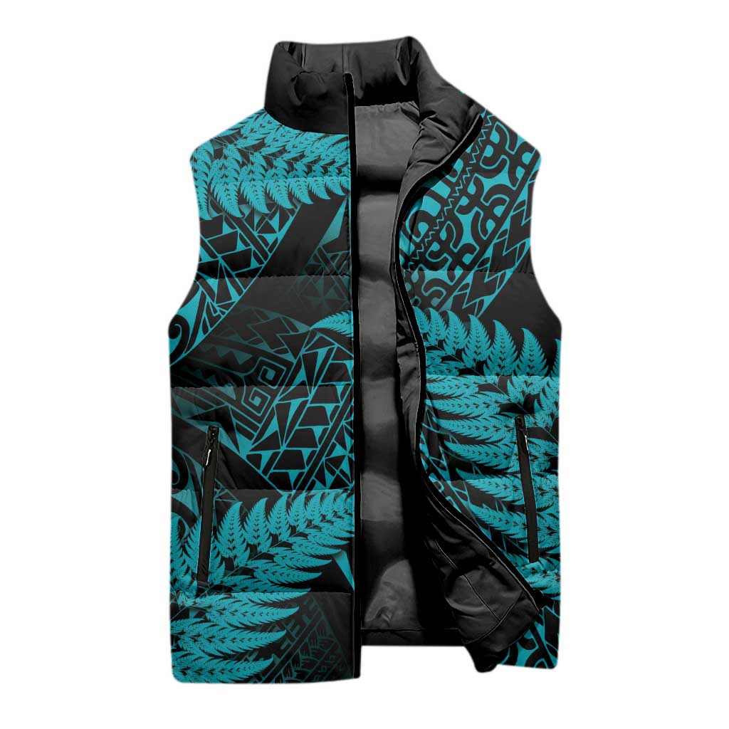 New Zealand Rugby Pacific Personalised Sleeveless Puffer Jacket All Turquoise Maori Pasifika Fern Pattern - Aussie Hoodie