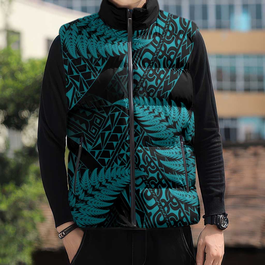 New Zealand Rugby Pacific Personalised Sleeveless Puffer Jacket All Turquoise Maori Pasifika Fern Pattern - Aussie Hoodie
