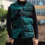 New Zealand Rugby Pacific Personalised Sleeveless Puffer Jacket All Turquoise Maori Pasifika Fern Pattern - Aussie Hoodie