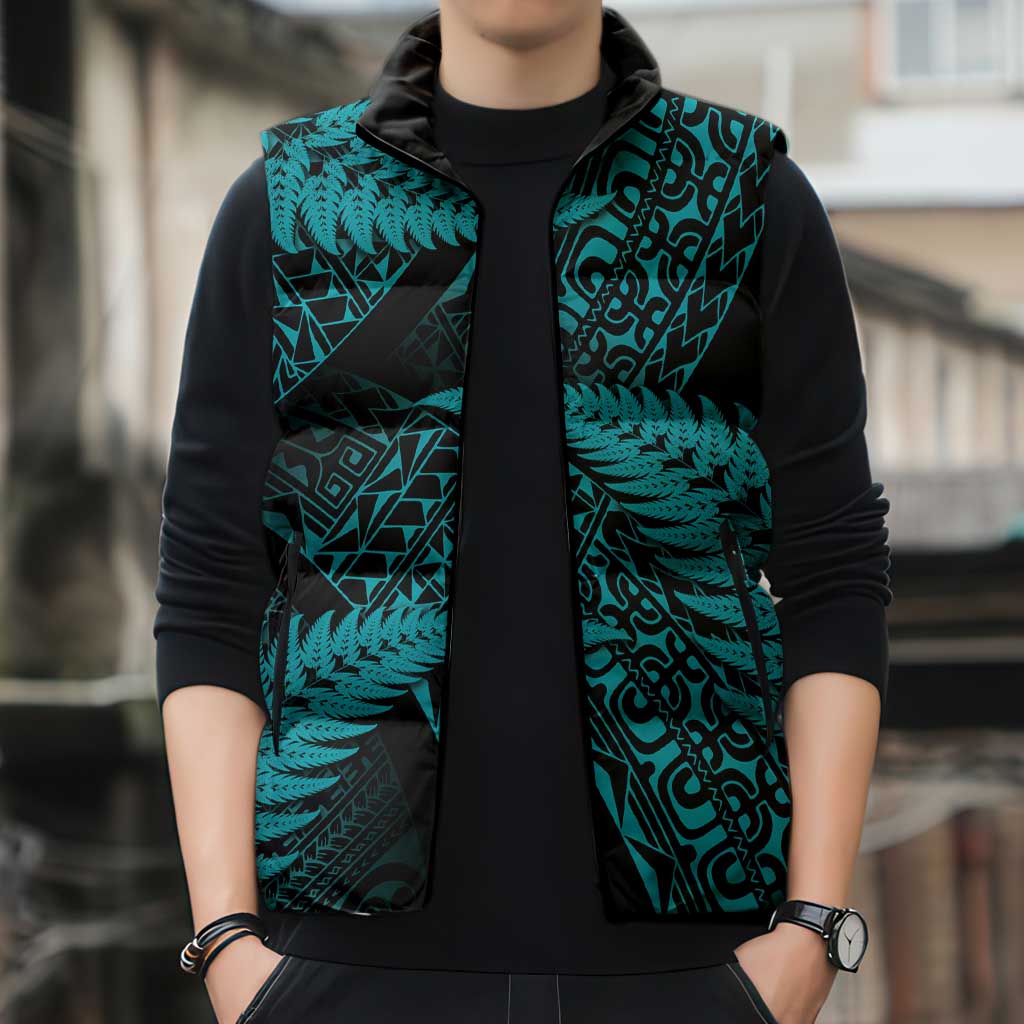 New Zealand Rugby Pacific Personalised Sleeveless Puffer Jacket All Turquoise Maori Pasifika Fern Pattern - Aussie Hoodie