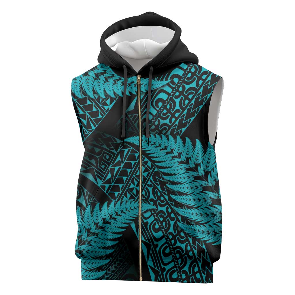 New Zealand Rugby Pacific Personalised Sleeveless Zip Hoodie All Turquoise Maori Pasifika Fern Pattern - Aussie Hoodie