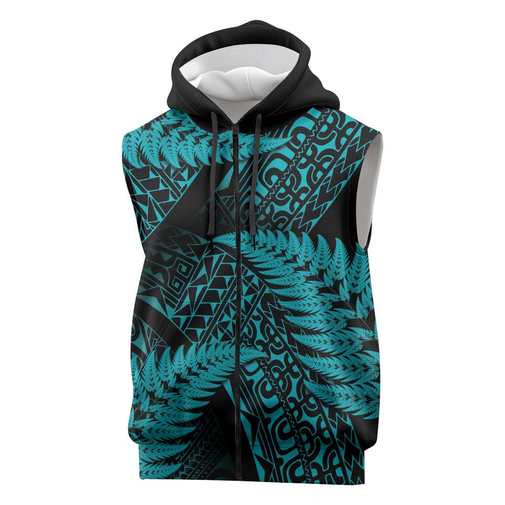 New Zealand Rugby Pacific Personalised Sleeveless Zip Hoodie All Turquoise Maori Pasifika Fern Pattern LT9