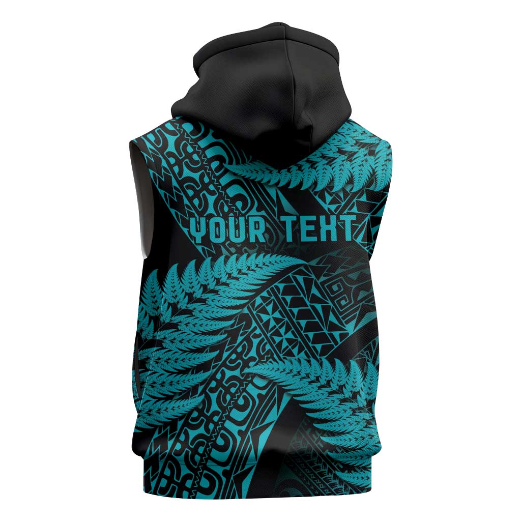 New Zealand Rugby Pacific Personalised Sleeveless Zip Hoodie All Turquoise Maori Pasifika Fern Pattern - Aussie Hoodie