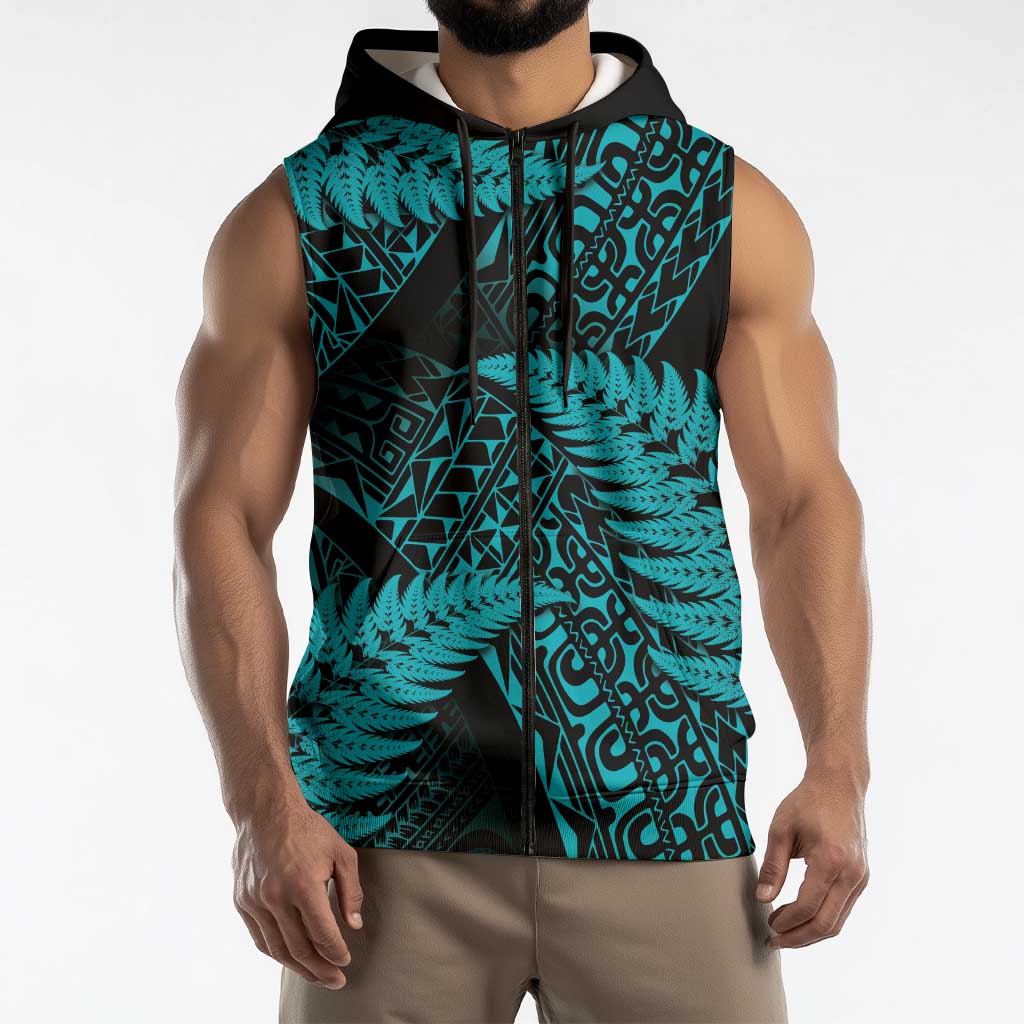 New Zealand Rugby Pacific Personalised Sleeveless Zip Hoodie All Turquoise Maori Pasifika Fern Pattern LT9