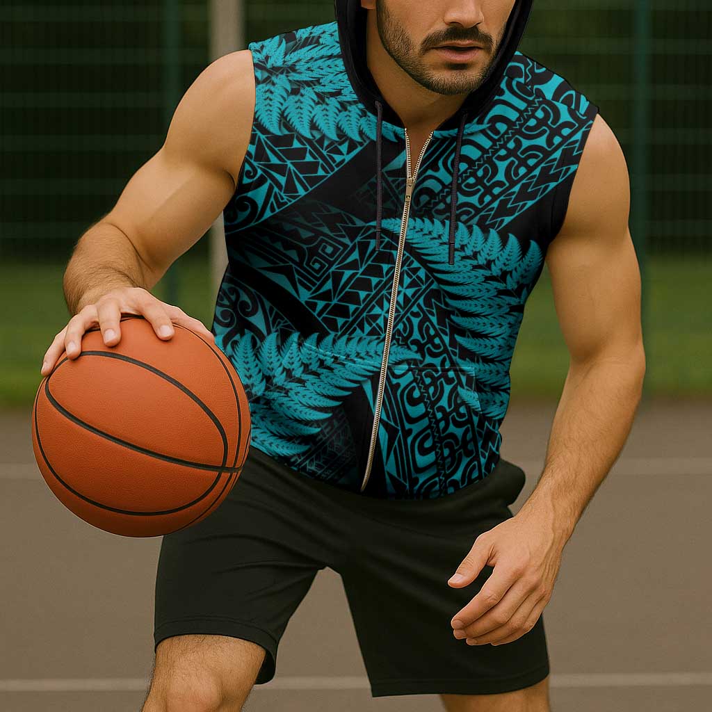New Zealand Rugby Pacific Personalised Sleeveless Zip Hoodie All Turquoise Maori Pasifika Fern Pattern - Aussie Hoodie