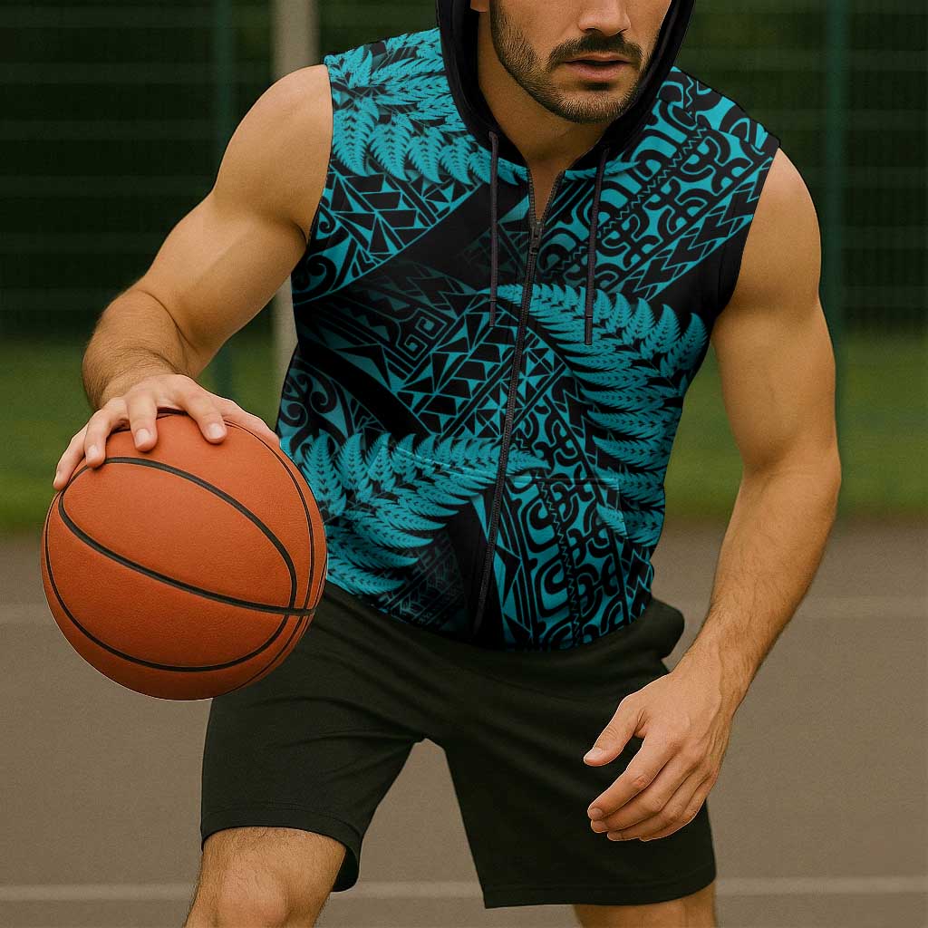 New Zealand Rugby Pacific Personalised Sleeveless Zip Hoodie All Turquoise Maori Pasifika Fern Pattern LT9