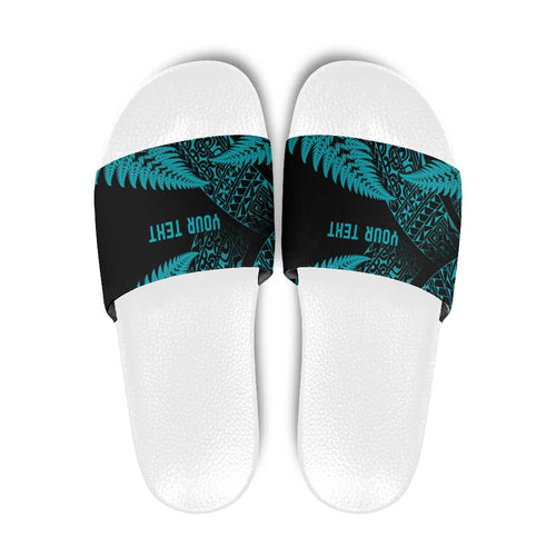 New Zealand Rugby Pacific Personalised Slide Sandals All Turquoise Maori Pasifika Fern Pattern - Aussie Hoodie