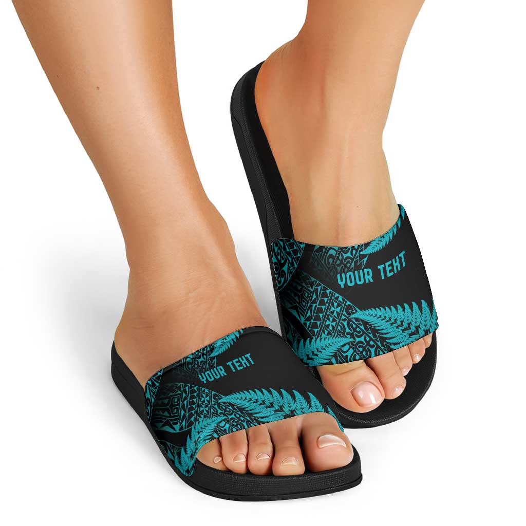 New Zealand Rugby Pacific Personalised Slide Sandals All Turquoise Maori Pasifika Fern Pattern - Aussie Hoodie