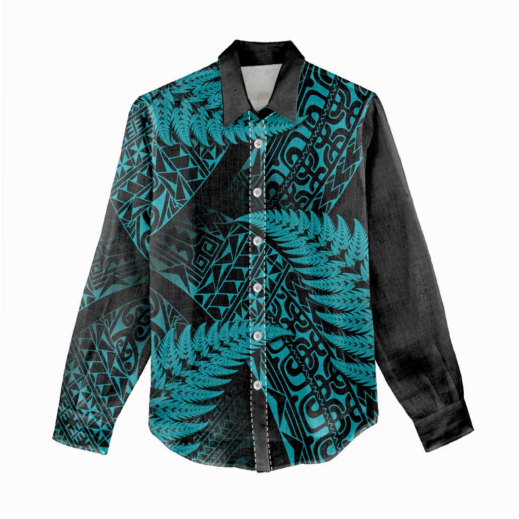 New Zealand Rugby Pacific Personalised Women Casual Shirt All Turquoise Maori Pasifika Fern Pattern