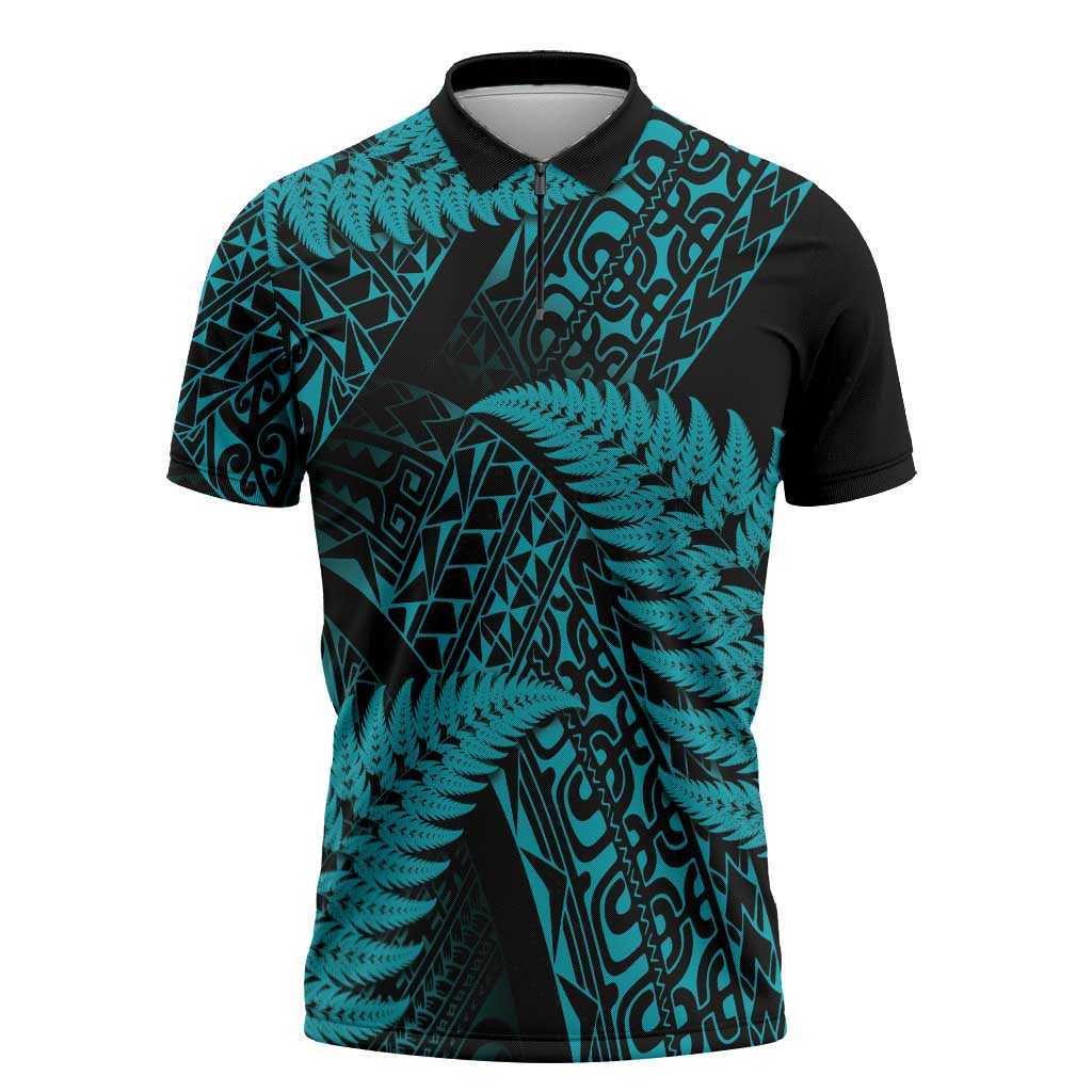 New Zealand Rugby Pacific Personalised Zipper Polo Shirt All Turquoise Maori Pasifika Fern Pattern - Aussie Hoodie