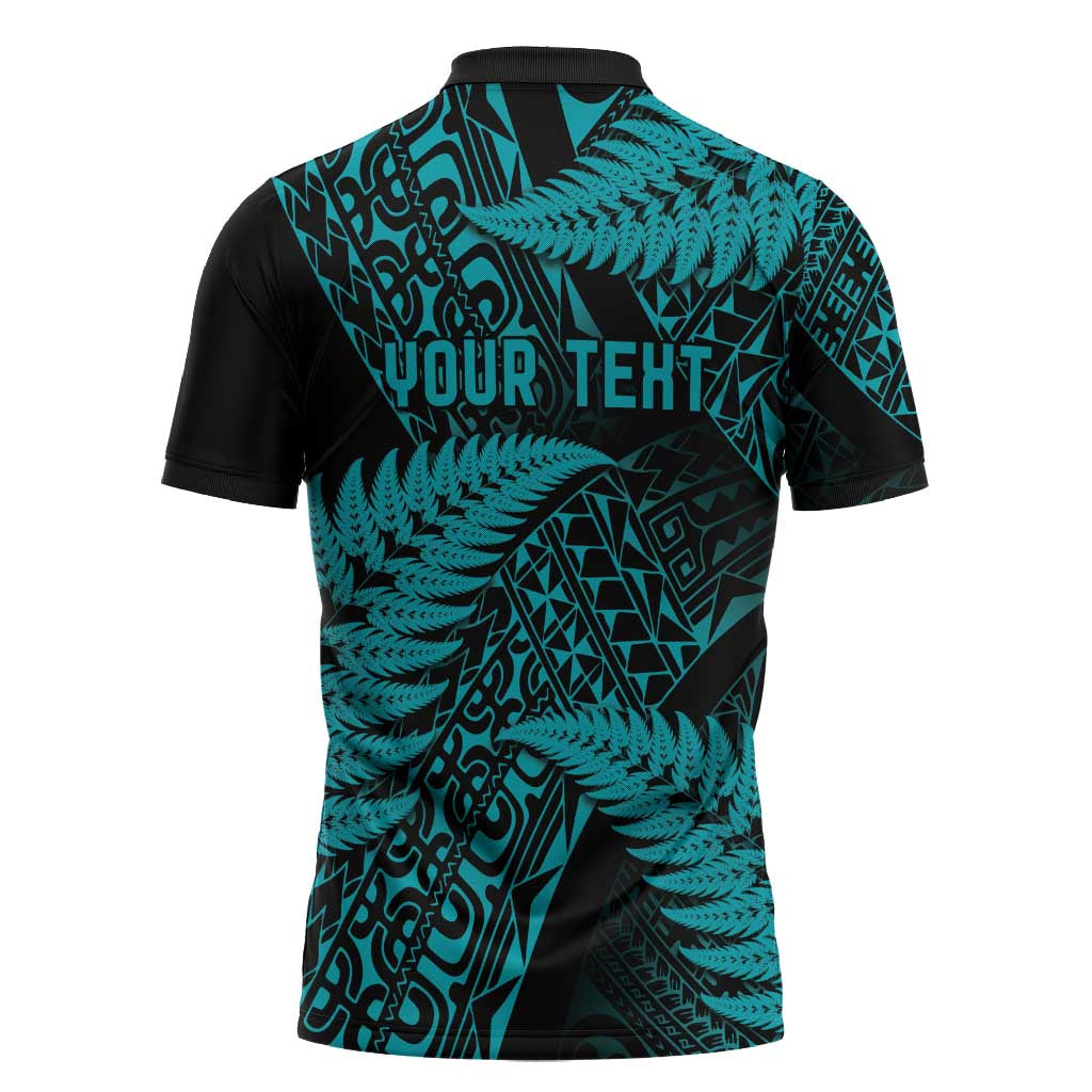 New Zealand Rugby Pacific Personalised Zipper Polo Shirt All Turquoise Maori Pasifika Fern Pattern - Aussie Hoodie