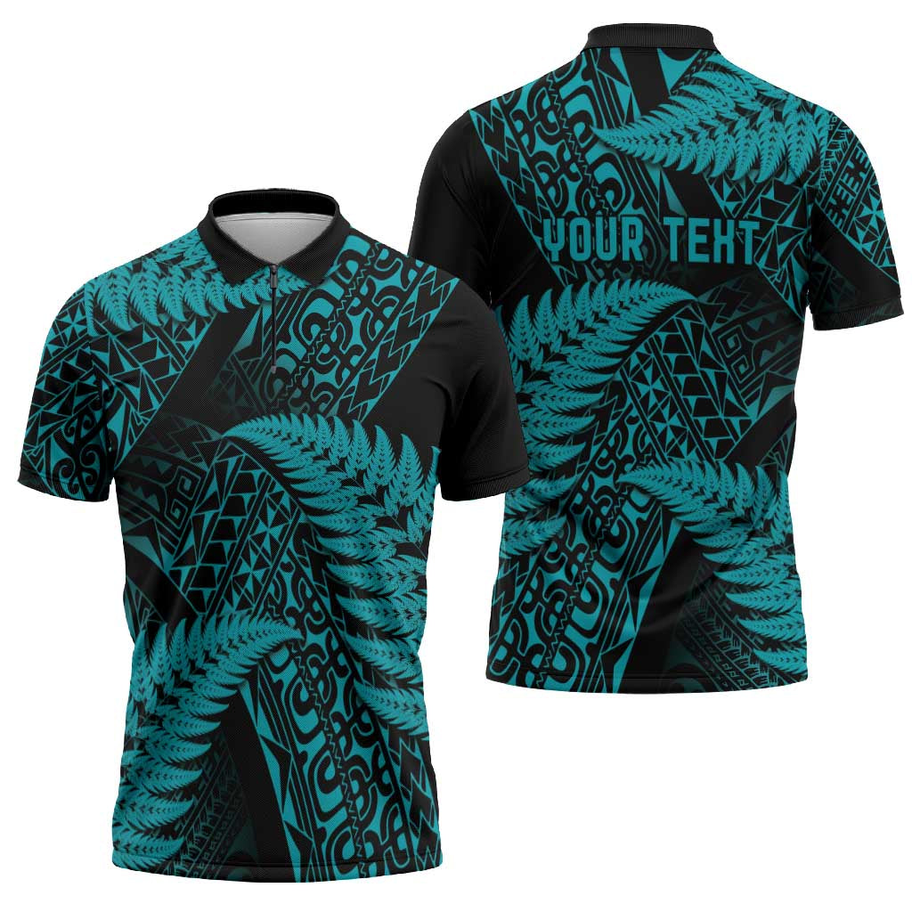 New Zealand Rugby Pacific Personalised Zipper Polo Shirt All Turquoise Maori Pasifika Fern Pattern - Aussie Hoodie