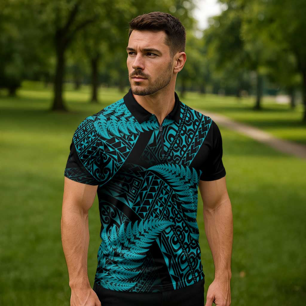 New Zealand Rugby Pacific Personalised Zipper Polo Shirt All Turquoise Maori Pasifika Fern Pattern - Aussie Hoodie