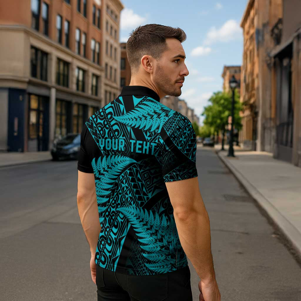 New Zealand Rugby Pacific Personalised Zipper Polo Shirt All Turquoise Maori Pasifika Fern Pattern - Aussie Hoodie