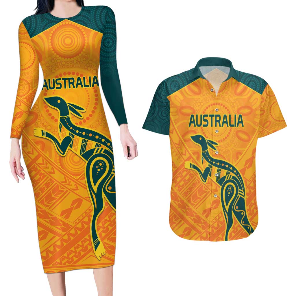 Custom Australia Rugby Couples Matching Long Sleeve Bodycon Dress and Hawaiian Shirt Summer Paris 2024