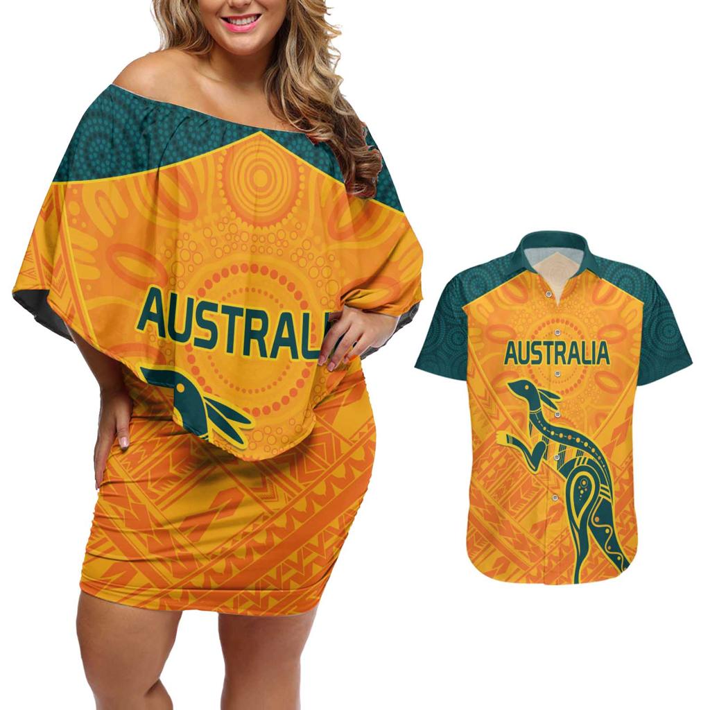 Custom Australia Rugby Couples Matching Off Shoulder Short Dress and Hawaiian Shirt Summer Paris 2024