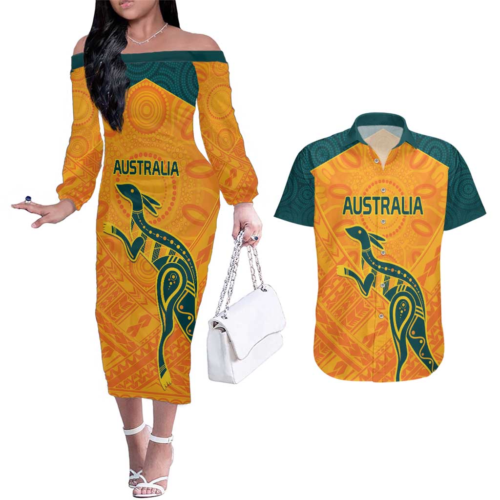 Custom Australia Rugby Couples Matching Off The Shoulder Long Sleeve Dress and Hawaiian Shirt Summer Paris 2024