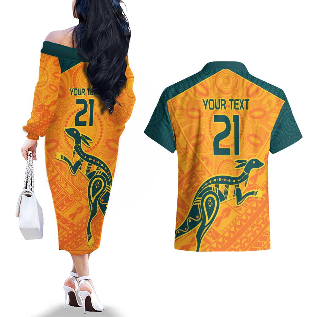 Custom Australia Rugby Couples Matching Off The Shoulder Long Sleeve Dress and Hawaiian Shirt Summer Paris 2024