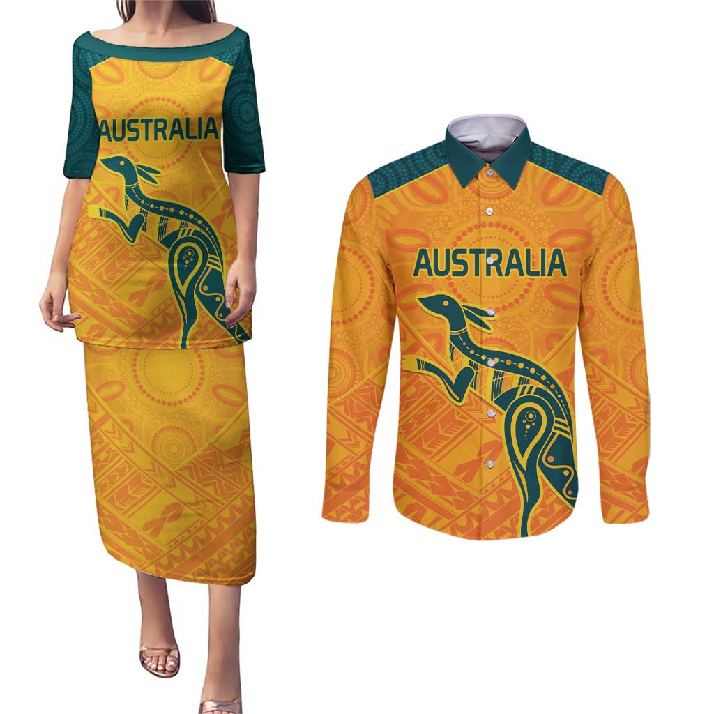 Custom Australia Rugby Couples Matching Puletasi and Long Sleeve Button Shirt Summer Paris 2024