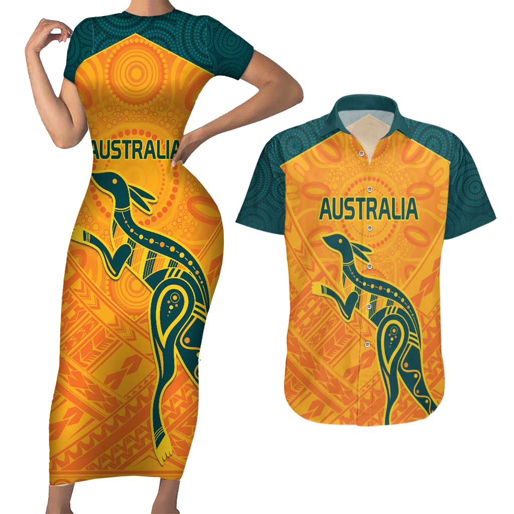 Custom Australia Rugby Couples Matching Short Sleeve Bodycon Dress and Hawaiian Shirt Summer Paris 2024