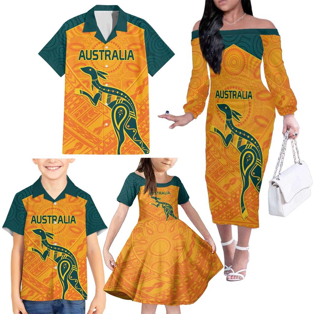 Custom Australia Rugby Family Matching Off The Shoulder Long Sleeve Dress and Hawaiian Shirt Summer Paris 2024