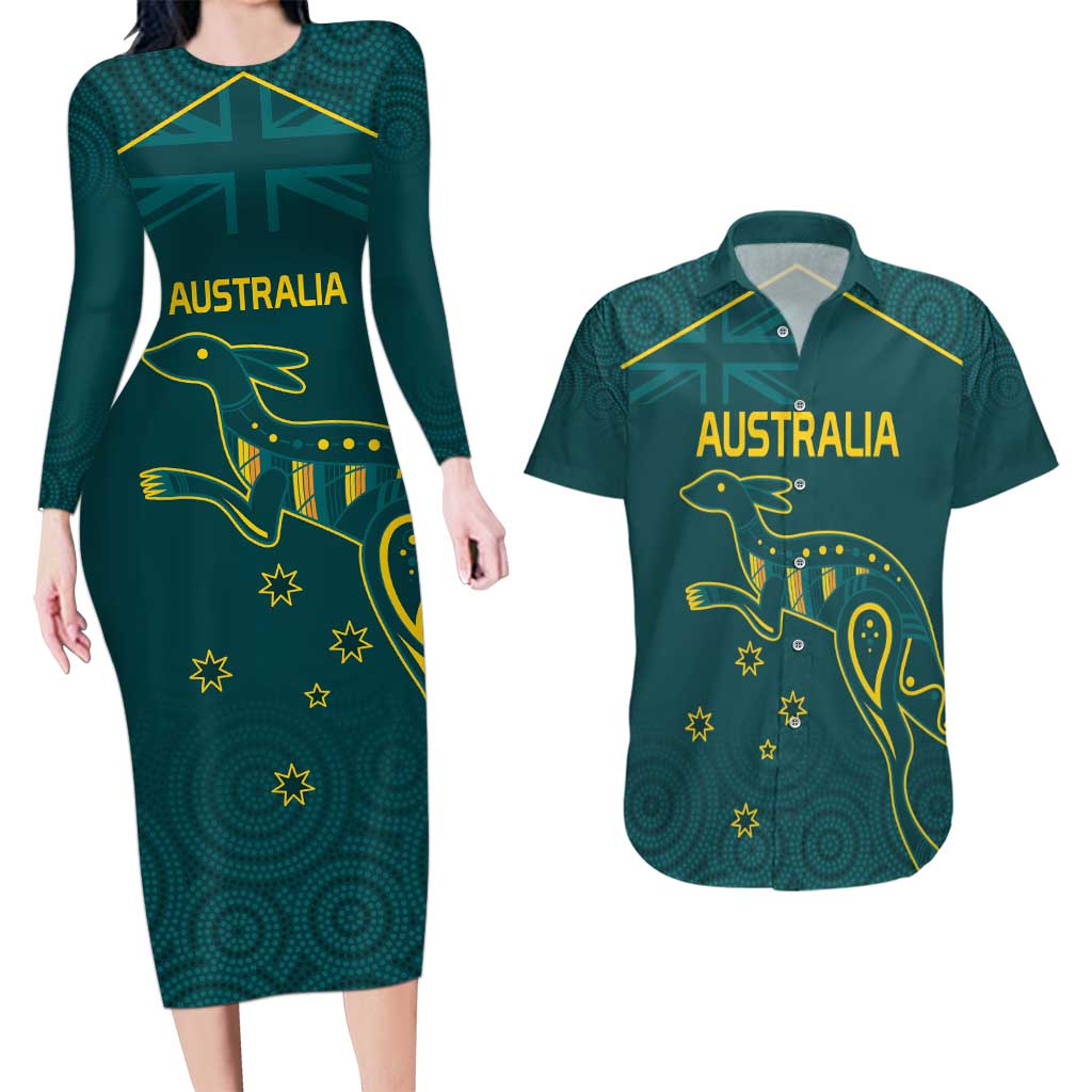Custom Australia Rugby Couples Matching Long Sleeve Bodycon Dress and Hawaiian Shirt Proud of Aussie Kangaroo