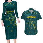 Custom Australia Rugby Couples Matching Long Sleeve Bodycon Dress and Hawaiian Shirt Proud of Aussie Kangaroo