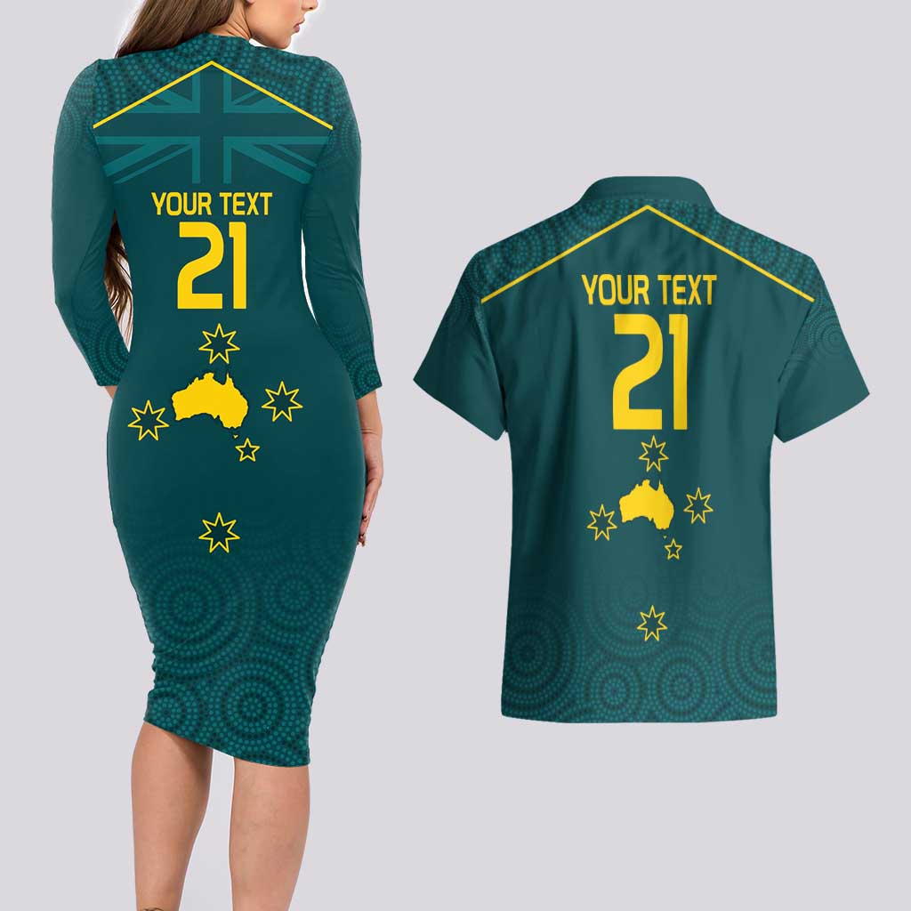 Custom Australia Rugby Couples Matching Long Sleeve Bodycon Dress and Hawaiian Shirt Proud of Aussie Kangaroo