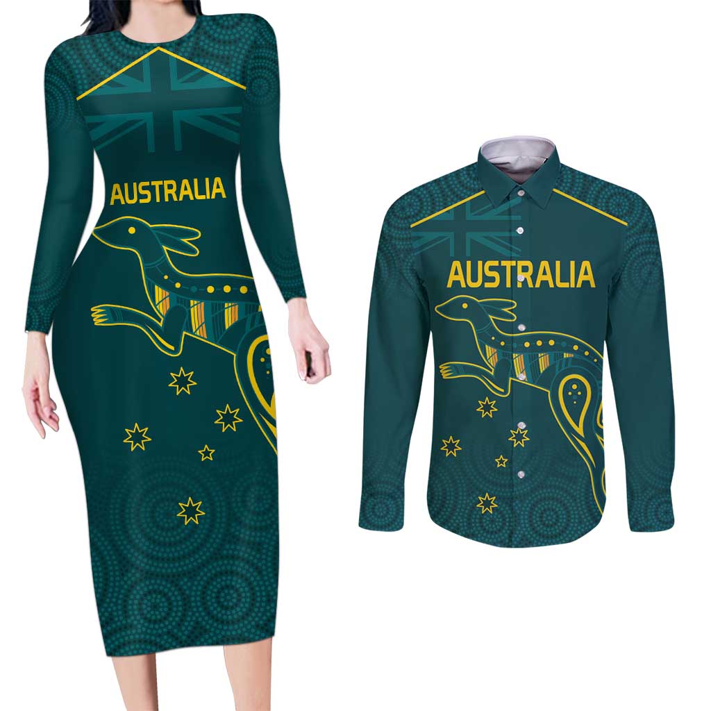 Custom Australia Rugby Couples Matching Long Sleeve Bodycon Dress and Long Sleeve Button Shirt Proud of Aussie Kangaroo