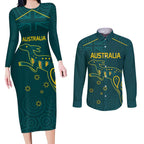 Custom Australia Rugby Couples Matching Long Sleeve Bodycon Dress and Long Sleeve Button Shirt Proud of Aussie Kangaroo
