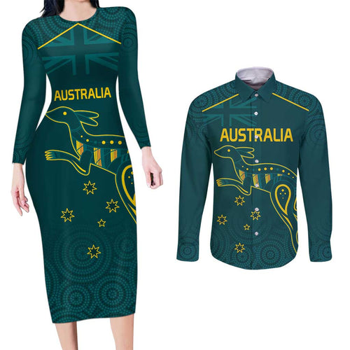 Custom Australia Rugby Couples Matching Long Sleeve Bodycon Dress and Long Sleeve Button Shirt Proud of Aussie Kangaroo