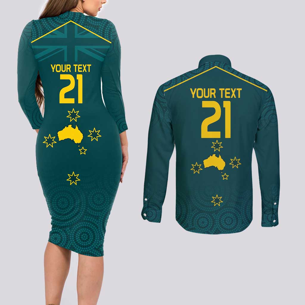 Custom Australia Rugby Couples Matching Long Sleeve Bodycon Dress and Long Sleeve Button Shirt Proud of Aussie Kangaroo