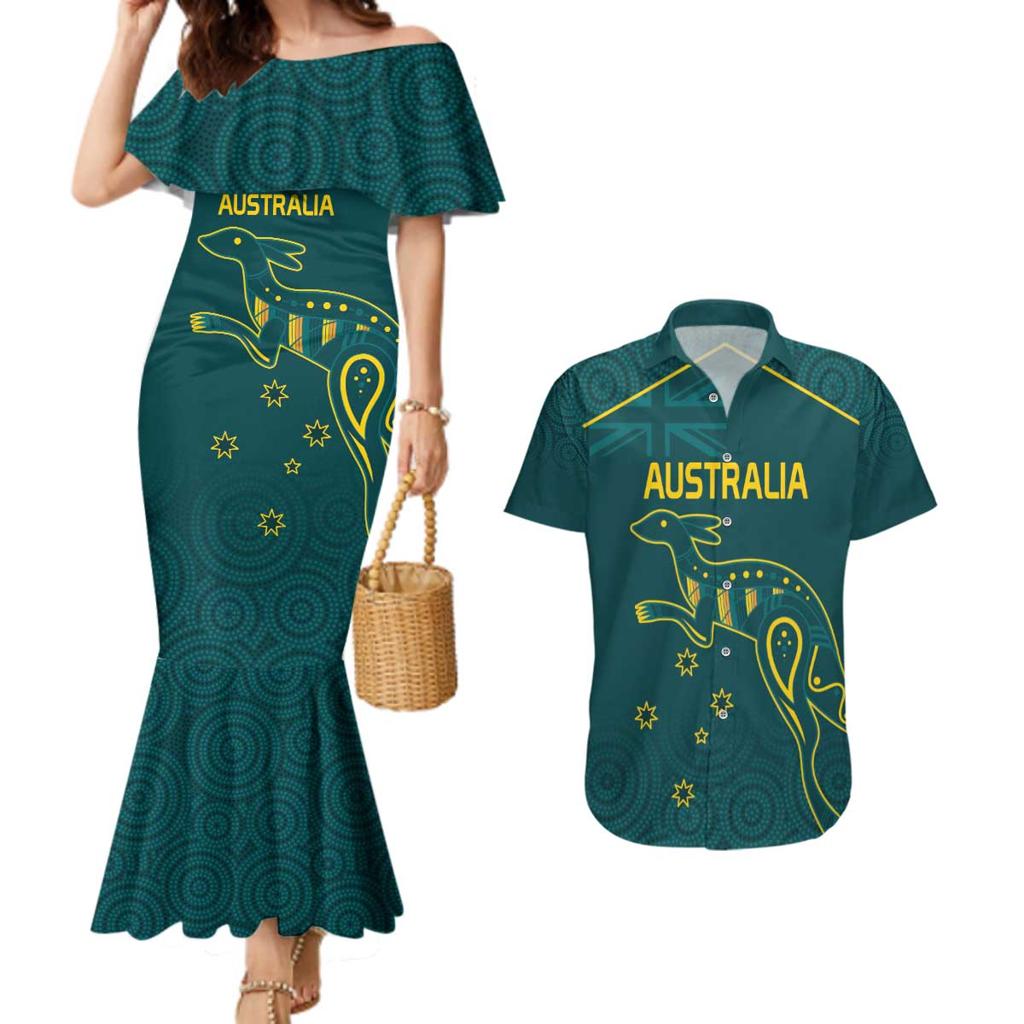 Custom Australia Rugby Couples Matching Mermaid Dress and Hawaiian Shirt Proud of Aussie Kangaroo