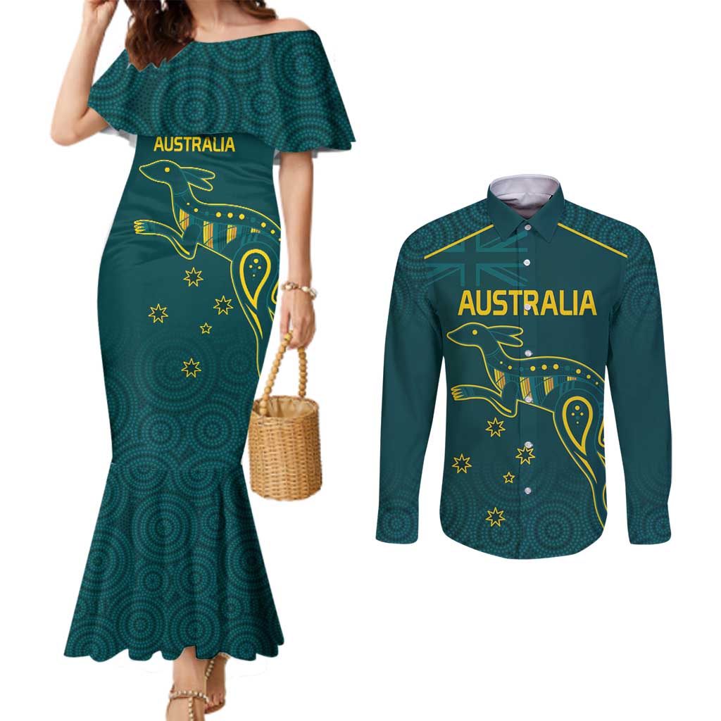 Custom Australia Rugby Couples Matching Mermaid Dress and Long Sleeve Button Shirt Proud of Aussie Kangaroo