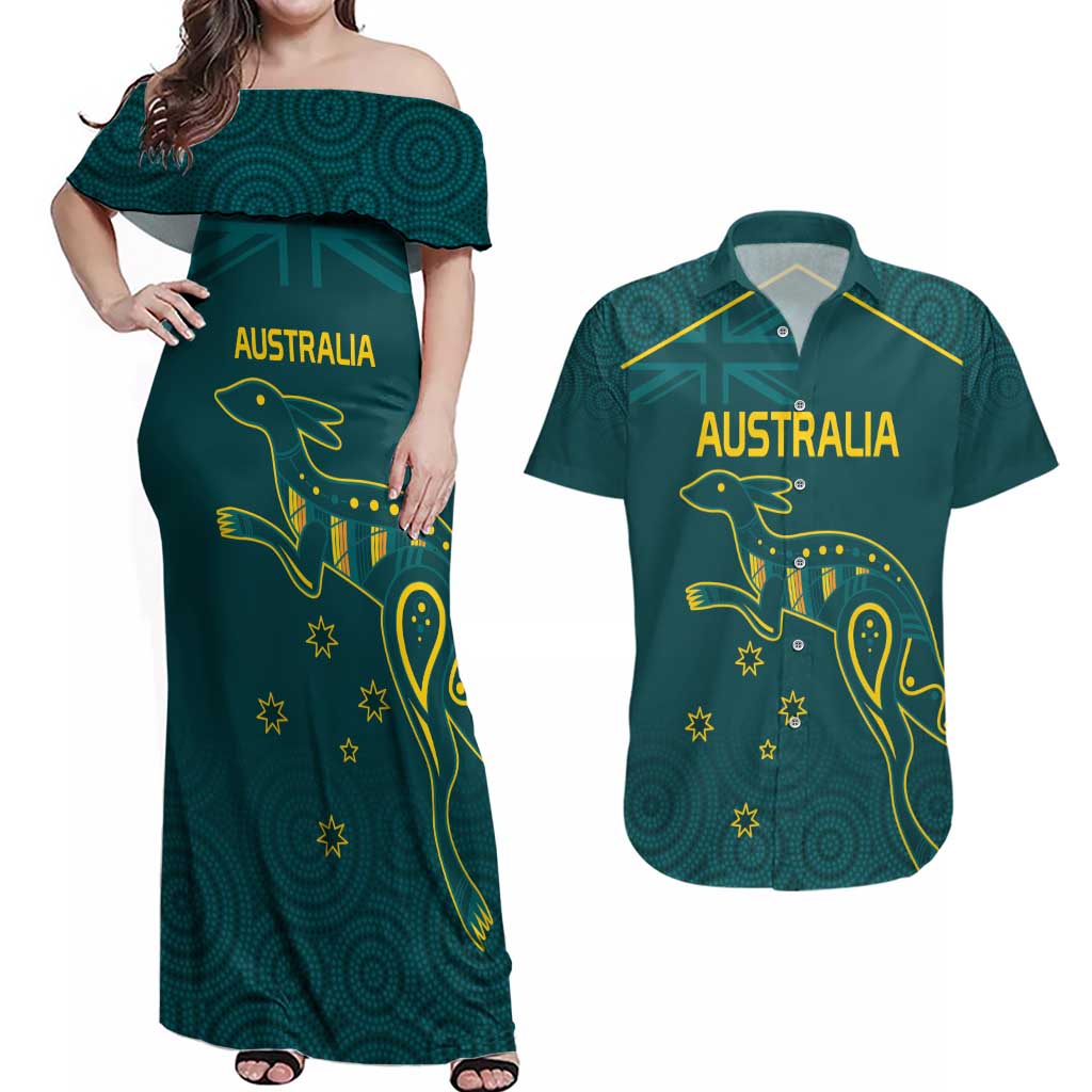 Custom Australia Rugby Couples Matching Off Shoulder Maxi Dress and Hawaiian Shirt Proud of Aussie Kangaroo