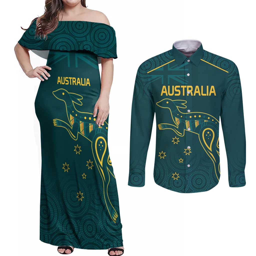 Custom Australia Rugby Couples Matching Off Shoulder Maxi Dress and Long Sleeve Button Shirt Proud of Aussie Kangaroo