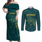 Custom Australia Rugby Couples Matching Off Shoulder Maxi Dress and Long Sleeve Button Shirt Proud of Aussie Kangaroo