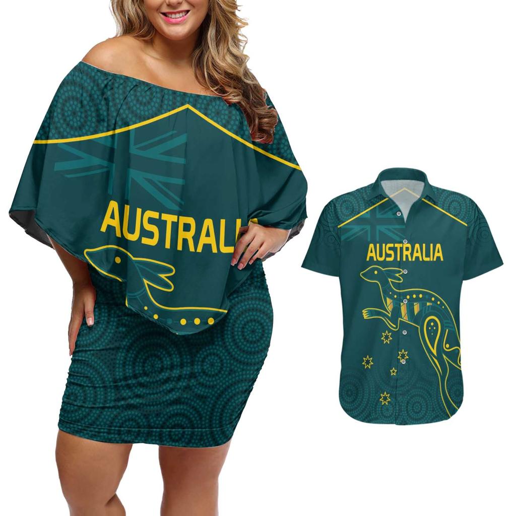 Custom Australia Rugby Couples Matching Off Shoulder Short Dress and Hawaiian Shirt Proud of Aussie Kangaroo