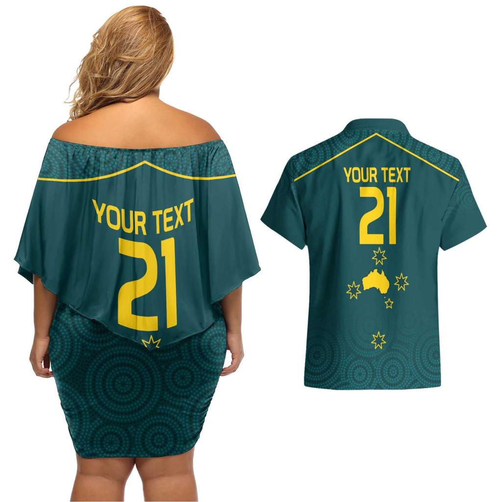 Custom Australia Rugby Couples Matching Off Shoulder Short Dress and Hawaiian Shirt Proud of Aussie Kangaroo
