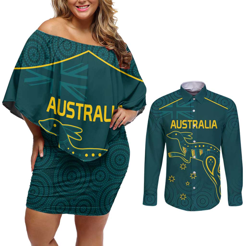 Custom Australia Rugby Couples Matching Off Shoulder Short Dress and Long Sleeve Button Shirt Proud of Aussie Kangaroo