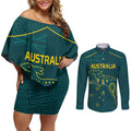 Custom Australia Rugby Couples Matching Off Shoulder Short Dress and Long Sleeve Button Shirt Proud of Aussie Kangaroo